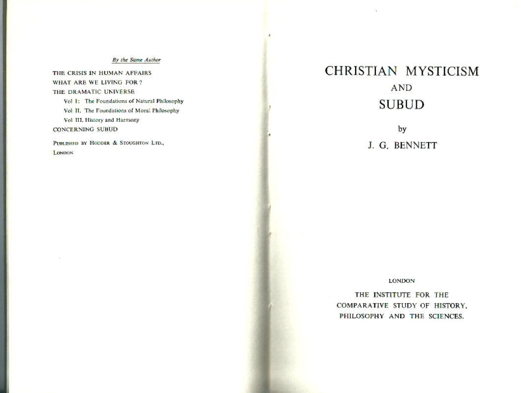 Bennett, J.G. Christian Mysticism and Subud